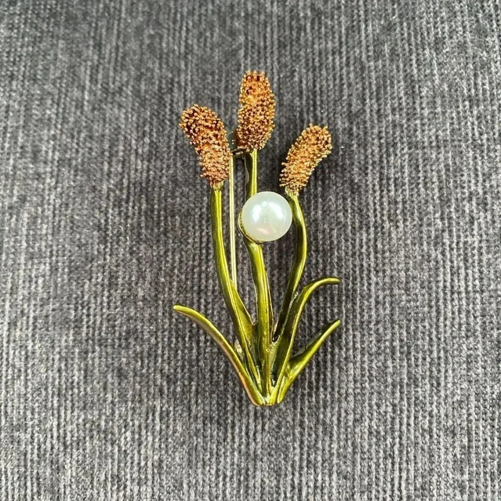 Cattail Enamel Brooch with Faux Pearl